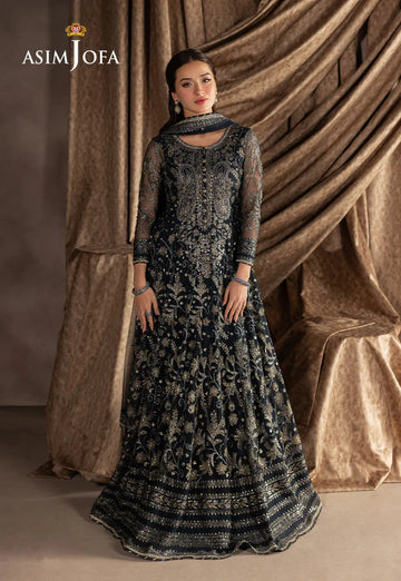 AJIZL-09 Asim Jofa navy blue embroidered net kalidaar stitched formal outfit – shop designer Pakistani wedding & party wear online at Pakistanimoda.com.