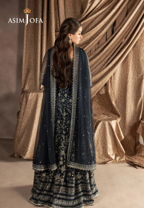 AJIZL-09 Asim Jofa navy blue embroidered net kalidaar stitched formal outfit – shop designer Pakistani wedding & party wear online at Pakistanimoda.com.