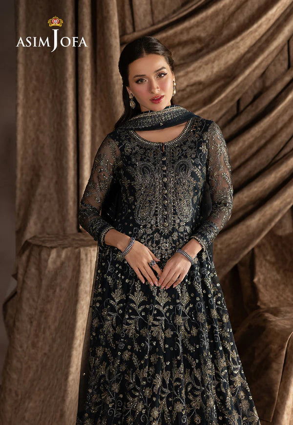 AJIZL-09 Asim Jofa navy blue embroidered net kalidaar stitched formal outfit – shop designer Pakistani wedding & party wear online at Pakistanimoda.com.