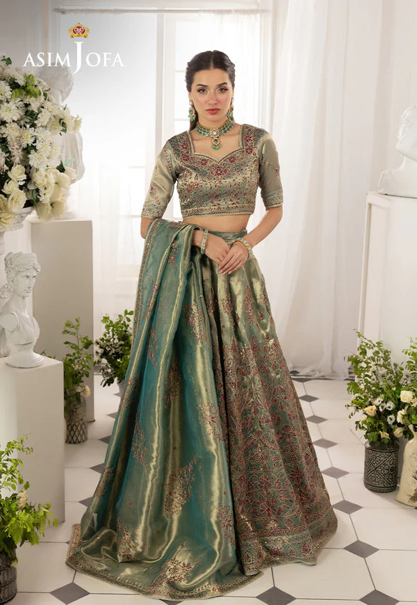 Buy AJIZL-10 aqua zari tissue embroidered lehenga suit by Asim Jofa – stitched Pakistani designer 3-piece outfit with dupatta, available online at Pakistanimoda.com.