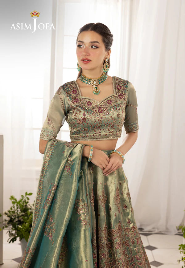 Buy AJIZL-10 aqua zari tissue embroidered lehenga suit by Asim Jofa – stitched Pakistani designer 3-piece outfit with dupatta, available online at Pakistanimoda.com.