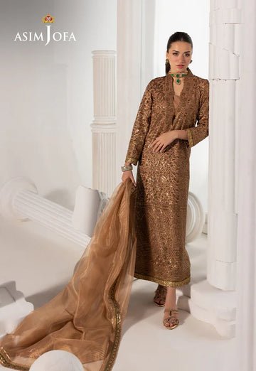 AJIZL-11 Coffee Brown Embroidered Chiffon Kaftan by Asim Jofa – Buy stitched designer party wear, wedding & dinner outfit online at Pakistanimoda.com.