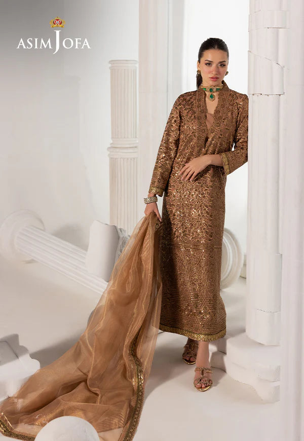AJIZL-11 Coffee Brown Embroidered Chiffon Kaftan by Asim Jofa – Buy stitched designer party wear, wedding & dinner outfit online at Pakistanimoda.com.
