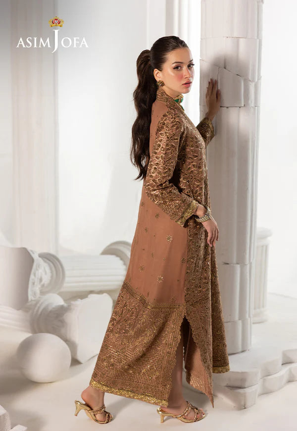 AJIZL-11 Coffee Brown Embroidered Chiffon Kaftan by Asim Jofa – Buy stitched designer party wear, wedding & dinner outfit online at Pakistanimoda.com.