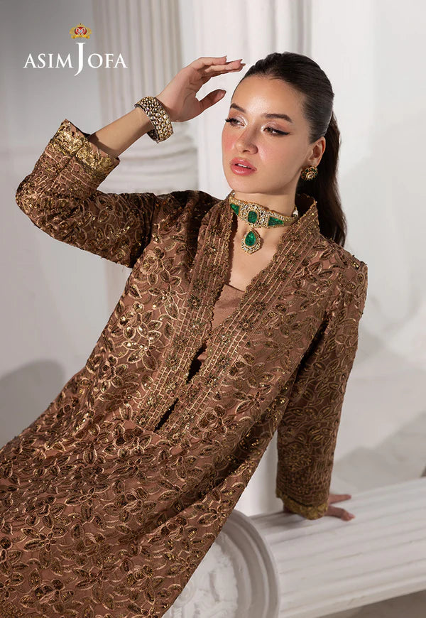 AJIZL-11 Coffee Brown Embroidered Chiffon Kaftan by Asim Jofa – Buy stitched designer party wear, wedding & dinner outfit online at Pakistanimoda.com.
