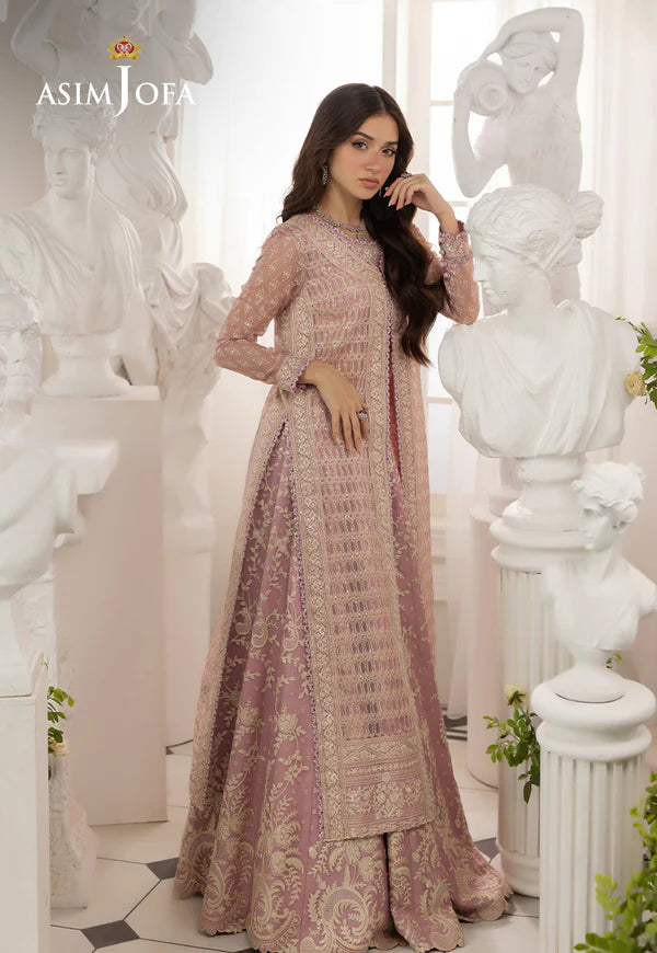 AJIZL-12 stitched pink embroidered Javeria net lehenga suit by Asim Jofa – 3-piece designer outfit with embroidered jacket and dupatta at Pakistanimoda.com.
