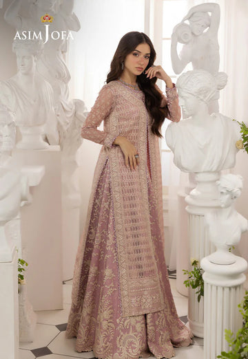 AJIZL-12 stitched pink embroidered Javeria net lehenga suit by Asim Jofa – 3-piece designer outfit with embroidered jacket and dupatta at Pakistanimoda.com.