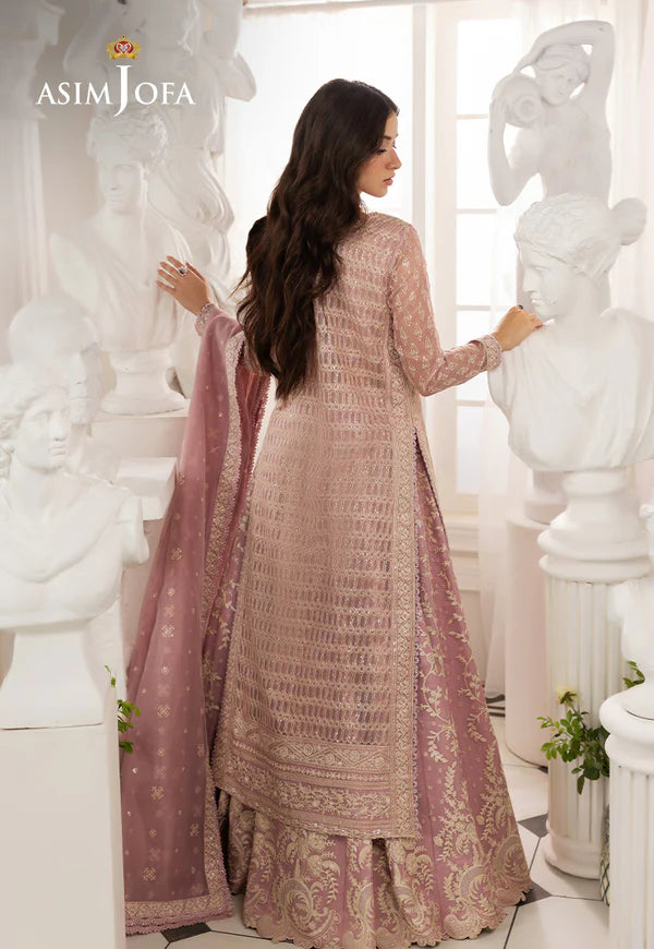AJIZL-12 stitched pink embroidered Javeria net lehenga suit by Asim Jofa – 3-piece designer outfit with embroidered jacket and dupatta at Pakistanimoda.com.