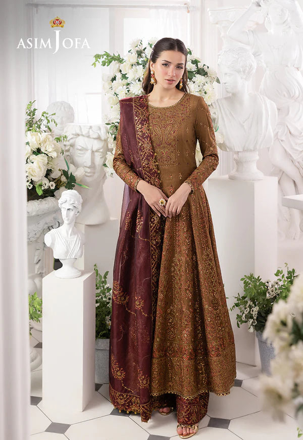 AJIZL-13 stitched dark gold raw silk embroidered kalidaar 3-piece suit by Asim Jofa with maroon dupatta – festive stitched outfit at Pakistanimoda.com.