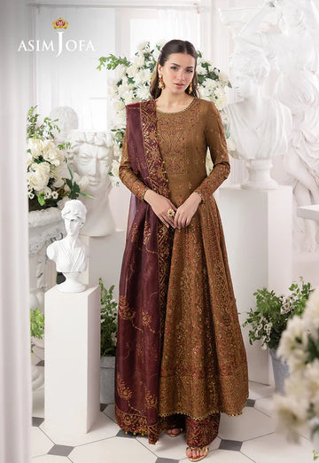 AJIZL-13 stitched dark gold raw silk embroidered kalidaar 3-piece suit by Asim Jofa with maroon dupatta – festive stitched outfit at Pakistanimoda.com.