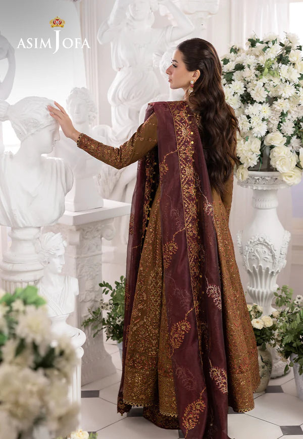 AJIZL-13 stitched dark gold raw silk embroidered kalidaar 3-piece suit by Asim Jofa with maroon dupatta – festive stitched outfit at Pakistanimoda.com.