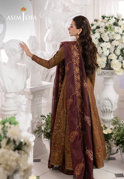 AJIZL-13 stitched dark gold raw silk embroidered kalidaar 3-piece suit by Asim Jofa with maroon dupatta – festive stitched outfit at Pakistanimoda.com.