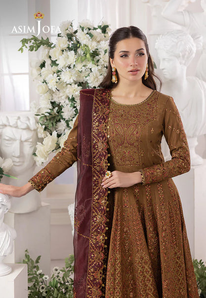 AJIZL-13 stitched dark gold raw silk embroidered kalidaar 3-piece suit by Asim Jofa with maroon dupatta – festive stitched outfit at Pakistanimoda.com.