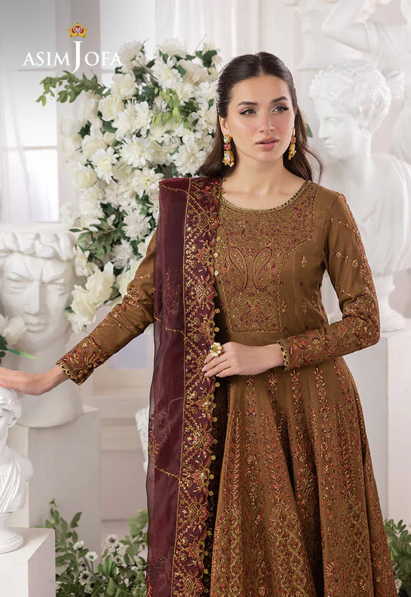 AJIZL-13 stitched dark gold raw silk embroidered kalidaar 3-piece suit by Asim Jofa with maroon dupatta – festive stitched outfit at Pakistanimoda.com.