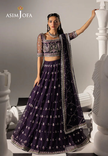 AJIZL-15 purple net embroidered stitched lehenga 3-piece dress by Asim Jofa – Pakistani designer wedding & festive wear outfit at Pakistanimoda.com.