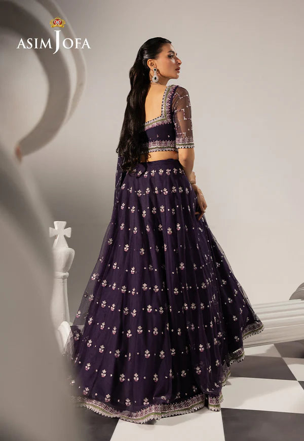 AJIZL-15 purple net embroidered stitched lehenga 3-piece dress by Asim Jofa – Pakistani designer wedding & festive wear outfit at Pakistanimoda.com.