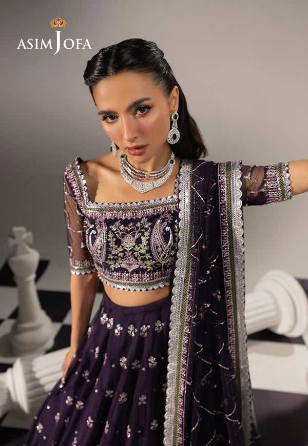 AJIZL-15 purple net embroidered stitched lehenga 3-piece dress by Asim Jofa – Pakistani designer wedding & festive wear outfit at Pakistanimoda.com.