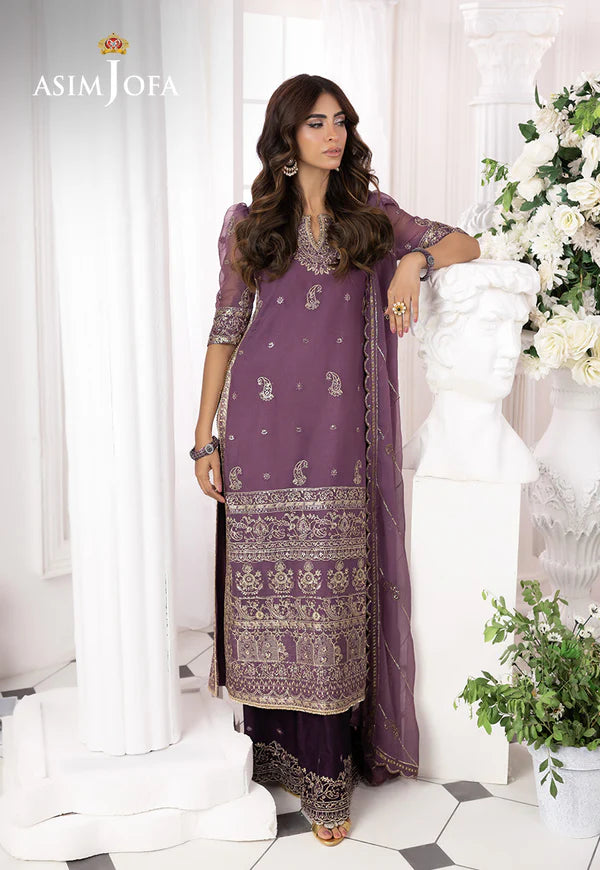 AJIZL-16 purple chiffon embroidered stitched outfit by Asim Jofa – 3-piece designer wedding & party suit available online at Pakistanimoda.com.
