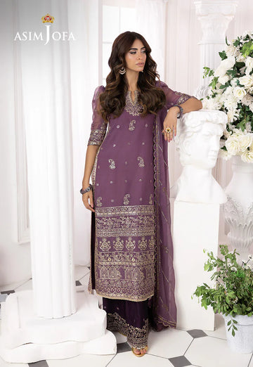 AJIZL-16 purple chiffon embroidered stitched outfit by Asim Jofa – 3-piece designer wedding & party suit available online at Pakistanimoda.com.