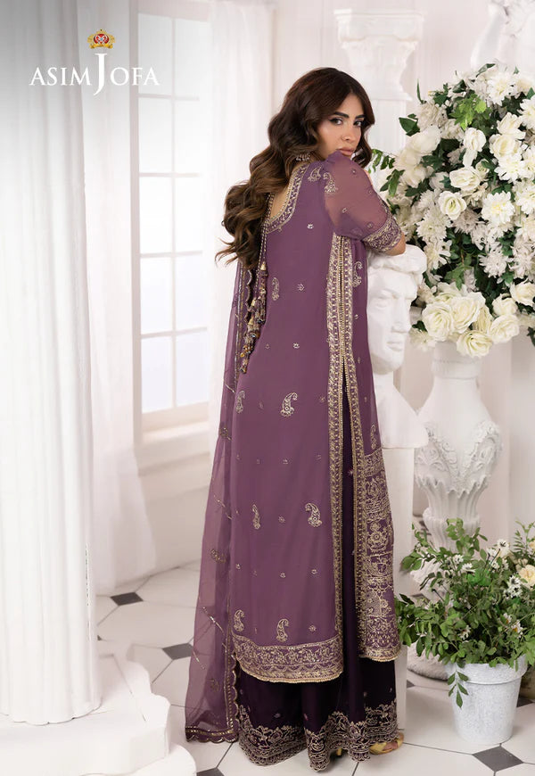 AJIZL-16 purple chiffon embroidered stitched outfit by Asim Jofa – 3-piece designer wedding & party suit available online at Pakistanimoda.com.