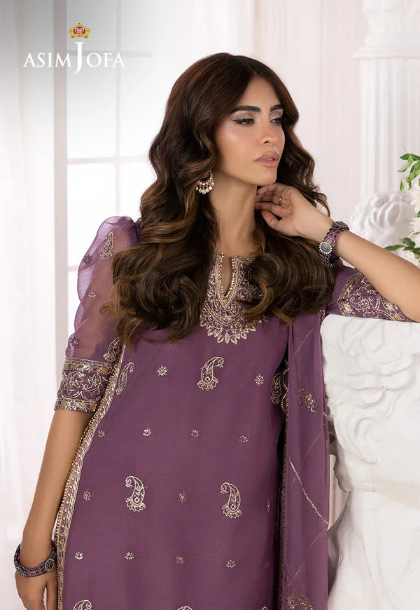AJIZL-16 purple chiffon embroidered stitched outfit by Asim Jofa – 3-piece designer wedding & party suit available online at Pakistanimoda.com.