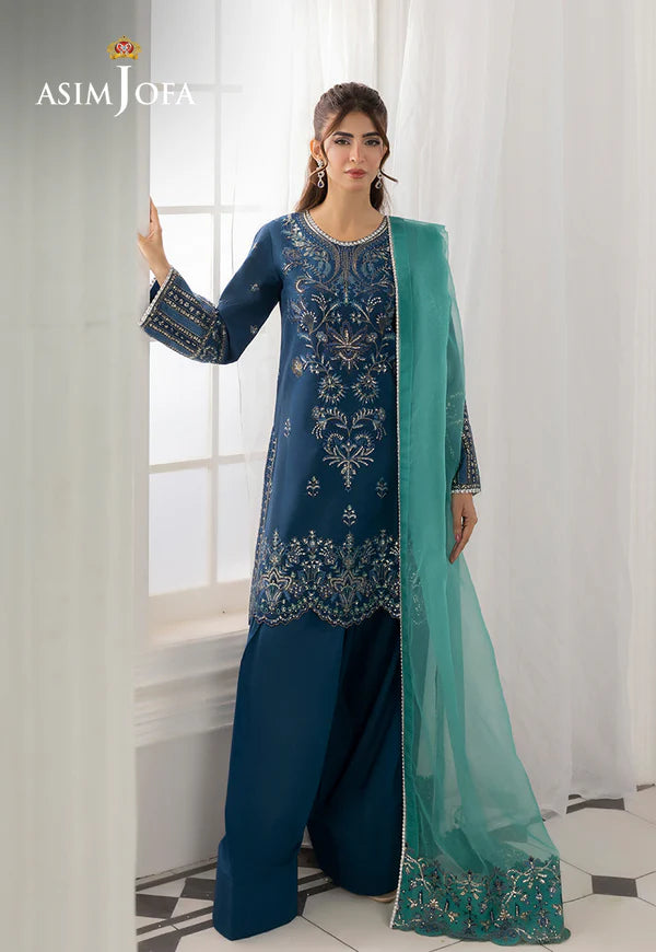 AJIZL-18 Asim Jofa blue silk embroidered stitched party suit – 3-piece Pakistani designer outfit with dupatta, available online at Pakistanimoda.com UK.