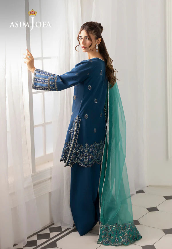 AJIZL-18 Asim Jofa blue silk embroidered stitched party suit – 3-piece Pakistani designer outfit with dupatta, available online at Pakistanimoda.com UK.