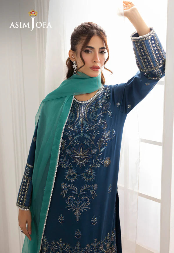 AJIZL-18 Asim Jofa blue silk embroidered stitched party suit – 3-piece Pakistani designer outfit with dupatta, available online at Pakistanimoda.com UK.