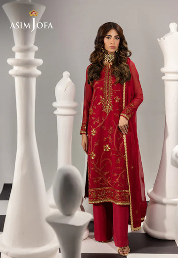 AJIZL-19 red chiffon embroidered formal stitched suit with dupatta by Asim Jofa – Pakistani designer wedding & festive outfit at Pakistanimoda.com.