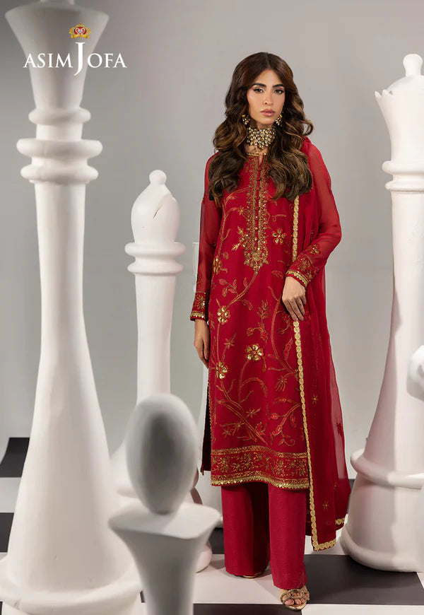 AJIZL-19 red chiffon embroidered formal stitched suit with dupatta by Asim Jofa – Pakistani designer wedding & festive outfit at Pakistanimoda.com.