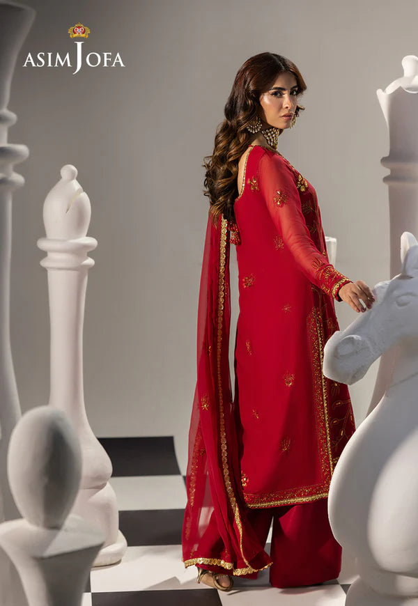 AJIZL-19 red chiffon embroidered formal stitched suit with dupatta by Asim Jofa – Pakistani designer wedding & festive outfit at Pakistanimoda.com.