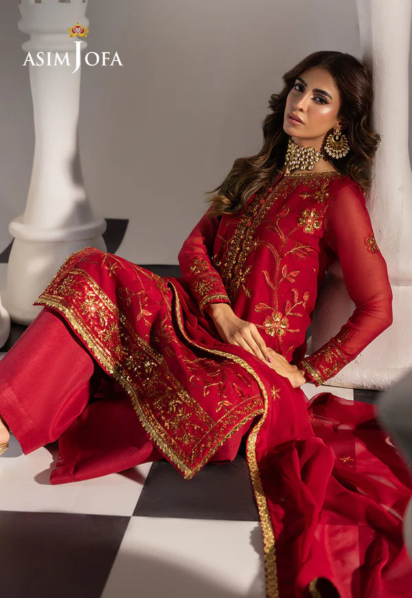 AJIZL-19 red chiffon embroidered formal stitched suit with dupatta by Asim Jofa – Pakistani designer wedding & festive outfit at Pakistanimoda.com.