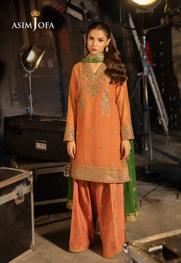 AJLF-03- PEACH EMBROIDERED CHIFFON FARSHI SHALWAR OUTFIT