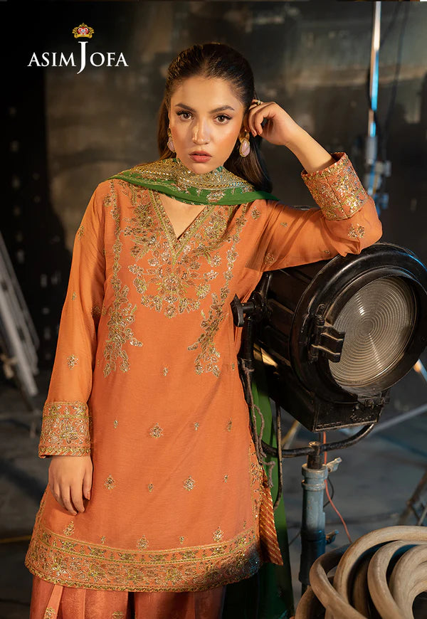 AJLF-03- PEACH EMBROIDERED CHIFFON FARSHI SHALWAR OUTFIT