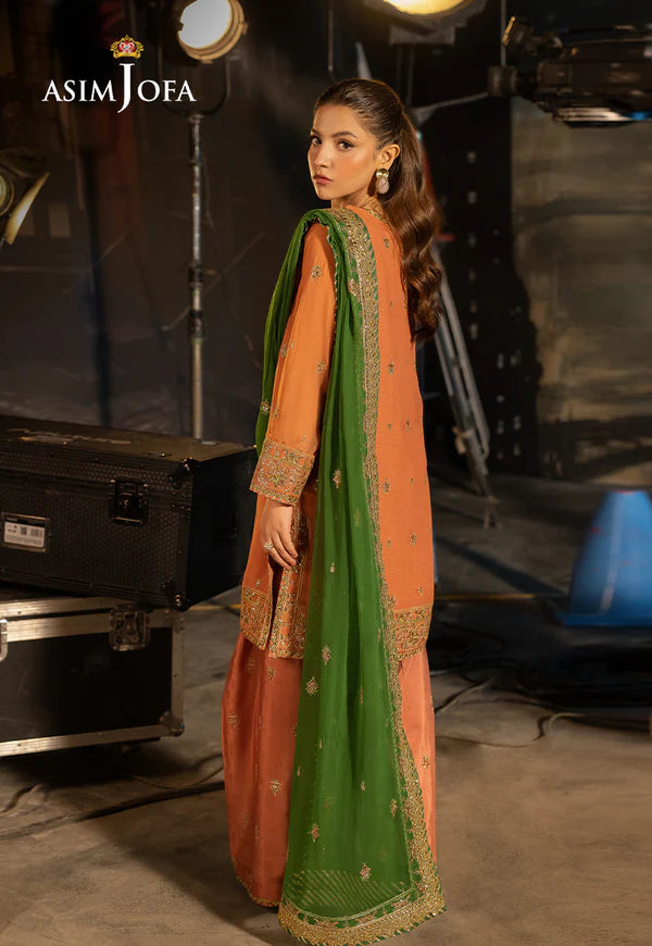 AJLF-03- PEACH EMBROIDERED CHIFFON FARSHI SHALWAR OUTFIT