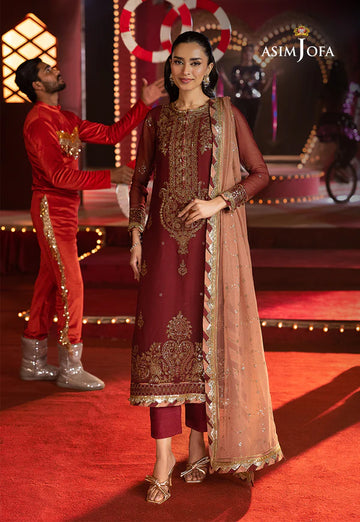 AJLF-05- Designer Maroon Outfit With Tea Pink Ethereal Dupatta