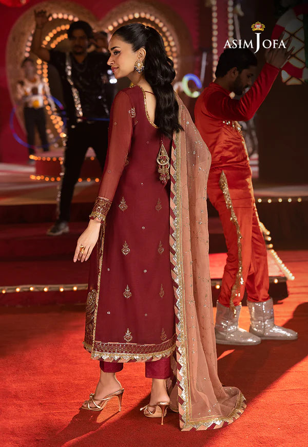AJLF-05- Designer Maroon Outfit With Tea Pink Ethereal Dupatta