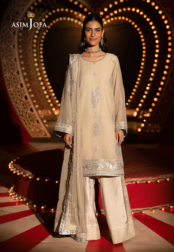 AJLF-09- BEIGE EMBROIDERED CHIFFON ENSEMBLE WITH PANTS