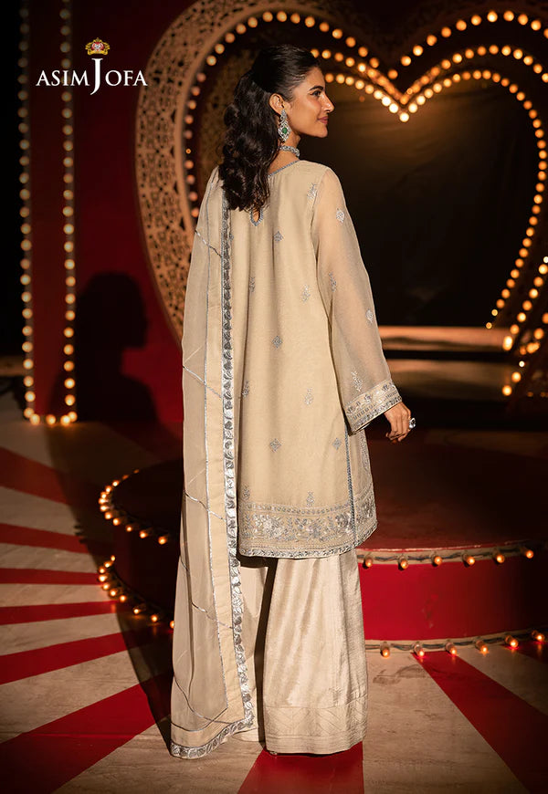 AJLF-09- BEIGE EMBROIDERED CHIFFON ENSEMBLE WITH PANTS