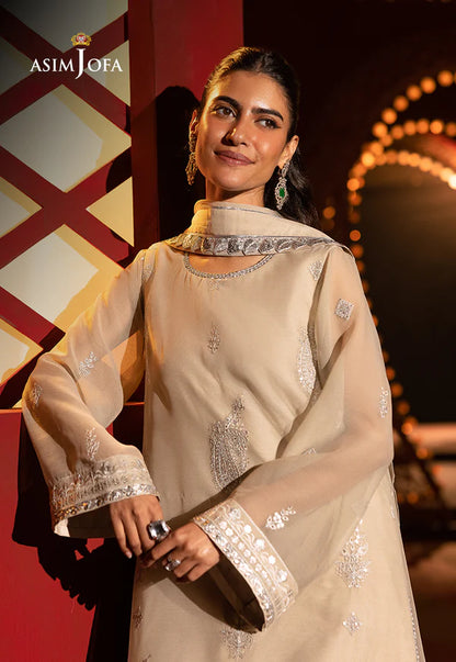 AJLF-09- BEIGE EMBROIDERED CHIFFON ENSEMBLE WITH PANTS
