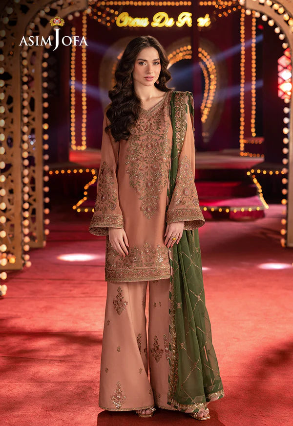 AJLF-12- PEACH  EMBROIDERED CHIFFON SHORT KURTA SET FOR WOMEN