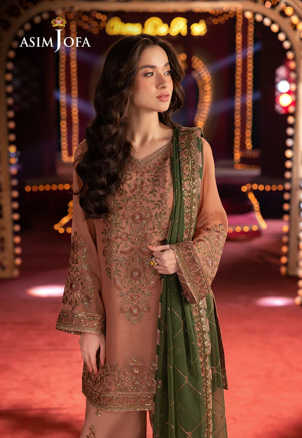 AJLF-12- PEACH  EMBROIDERED CHIFFON SHORT KURTA SET FOR WOMEN