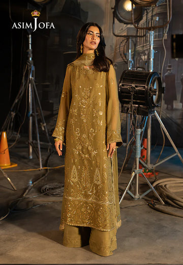 AJLF-15- OLIVE EMBROIDERED CHIFFON LONG SHIRT ENSEMBLE