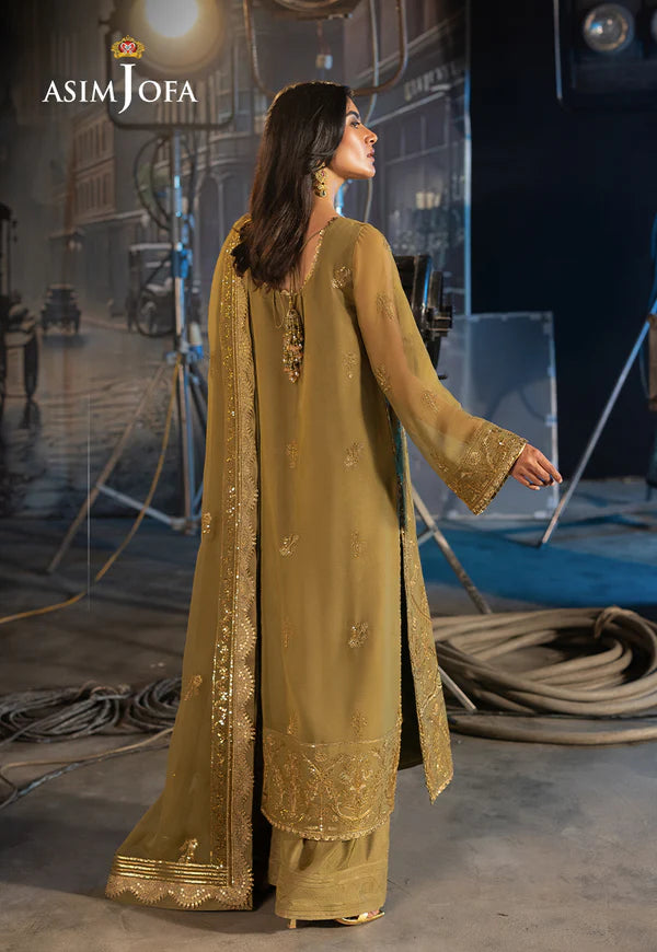 AJLF-15- OLIVE EMBROIDERED CHIFFON LONG SHIRT ENSEMBLE