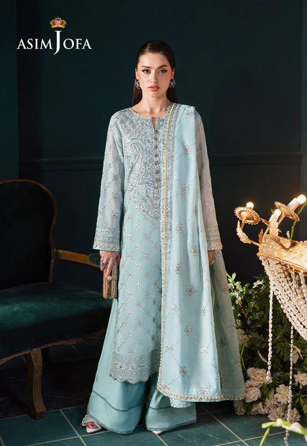 Asim Jofa AJLFC-01 Ice Blue Paper Cotton Embroidered Suit with Gold Zari and Sequins – Luxury Ready to Wear Outfit Pakistanimoda