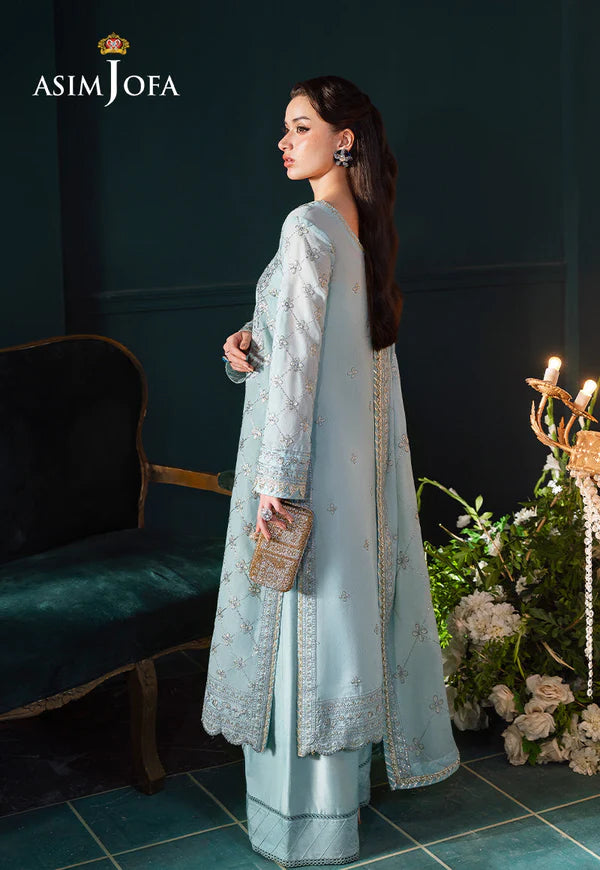 Asim Jofa AJLFC-01 Ice Blue Paper Cotton Embroidered Suit with Gold Zari and Sequins – Luxury Ready to Wear Outfit Pakistanimoda