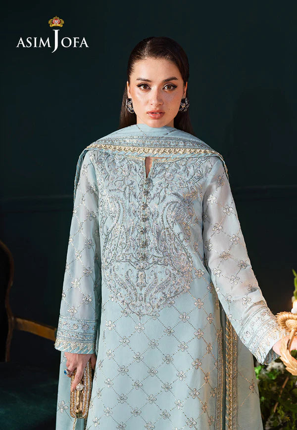 Asim Jofa AJLFC-01 Ice Blue Paper Cotton Embroidered Suit with Gold Zari and Sequins – Luxury Ready to Wear Outfit Pakistanimoda