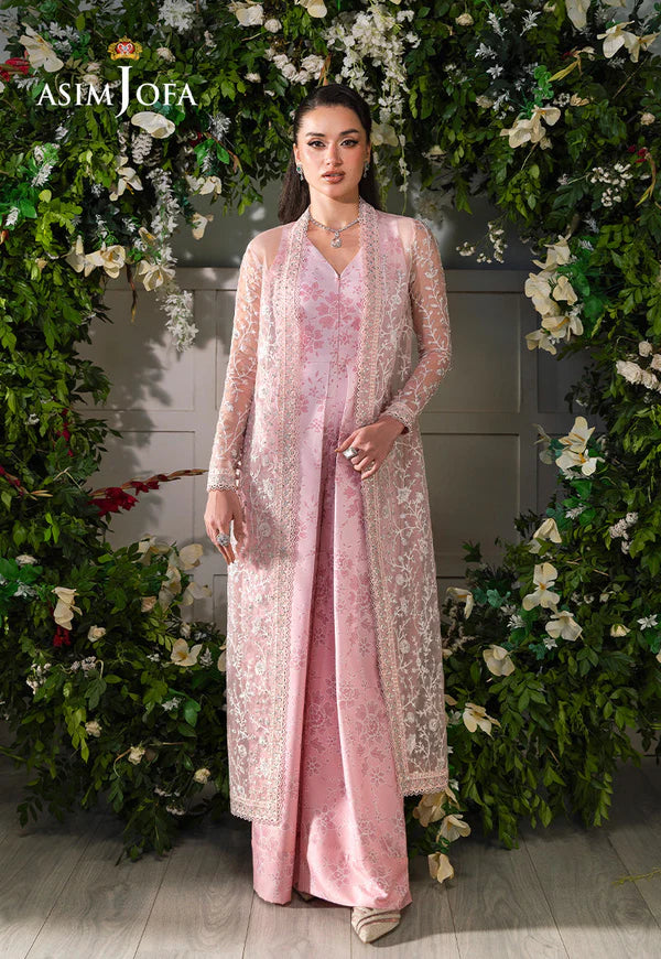 Asim Jofa AJLFC-02 Blush Pink Organza Embroidered Cape Dress with Printed Silk Jumpsuit – 2-Piece Stitched Outfit Pakistanimoda