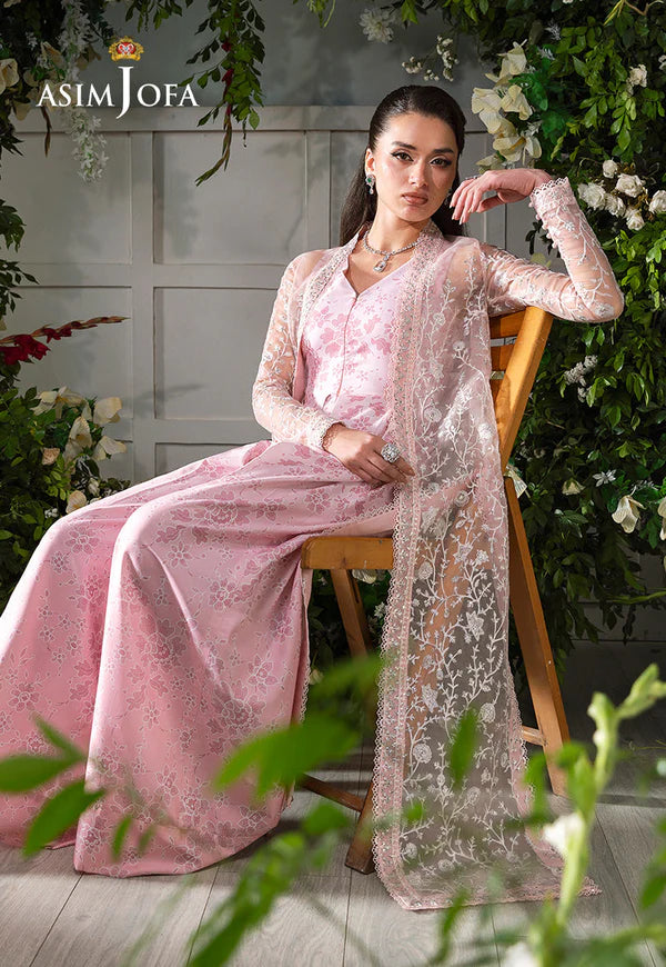 Asim Jofa AJLFC-02 Blush Pink Organza Embroidered Cape Dress with Printed Silk Jumpsuit – 2-Piece Stitched Outfit Pakistanimoda