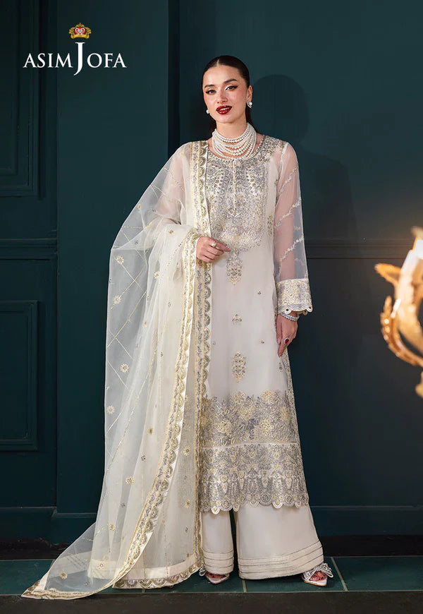 Asim Jofa AJLFC-03 Cream Embroidered Organza Outfit with Silver Sequins and Gray Threadwork – Festive Party Wear Pakistanimoda